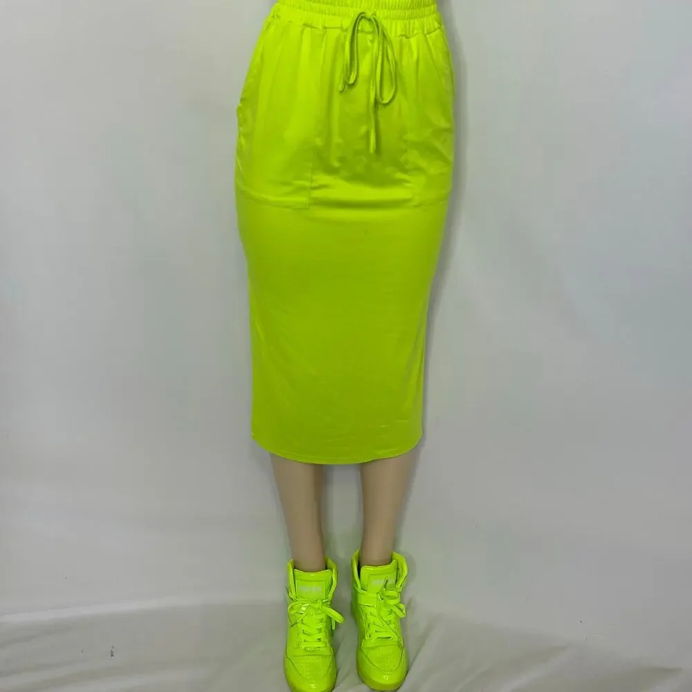 SHEIN Neon Lime Green Two-Piece Crop Top & Midi Skirt Set Women’s Size Small